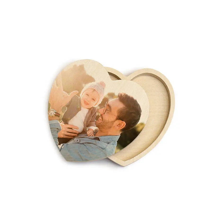 Wooden heart shaped photo frame with couple kissing in Heart Stash Box Print design