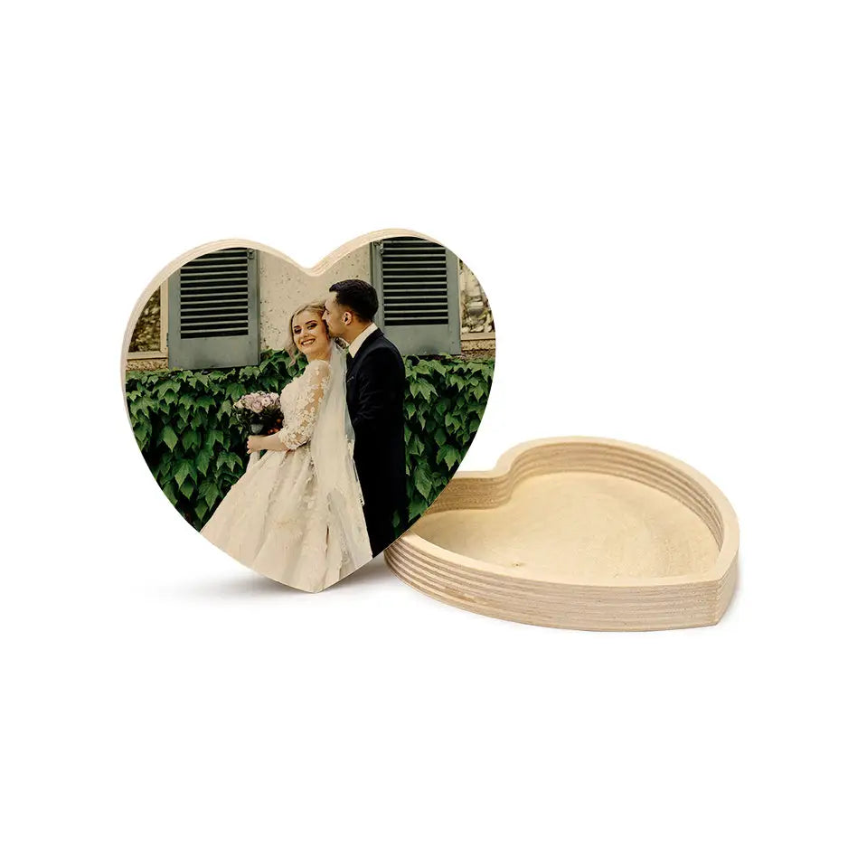 Heart Stash Wood Box featuring a wooden heart-shaped photo frame with bride and groom