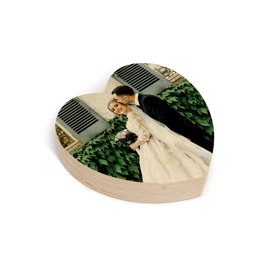 Heart Stash Wood Box featuring a wooden heart-shaped box with bride and groom design