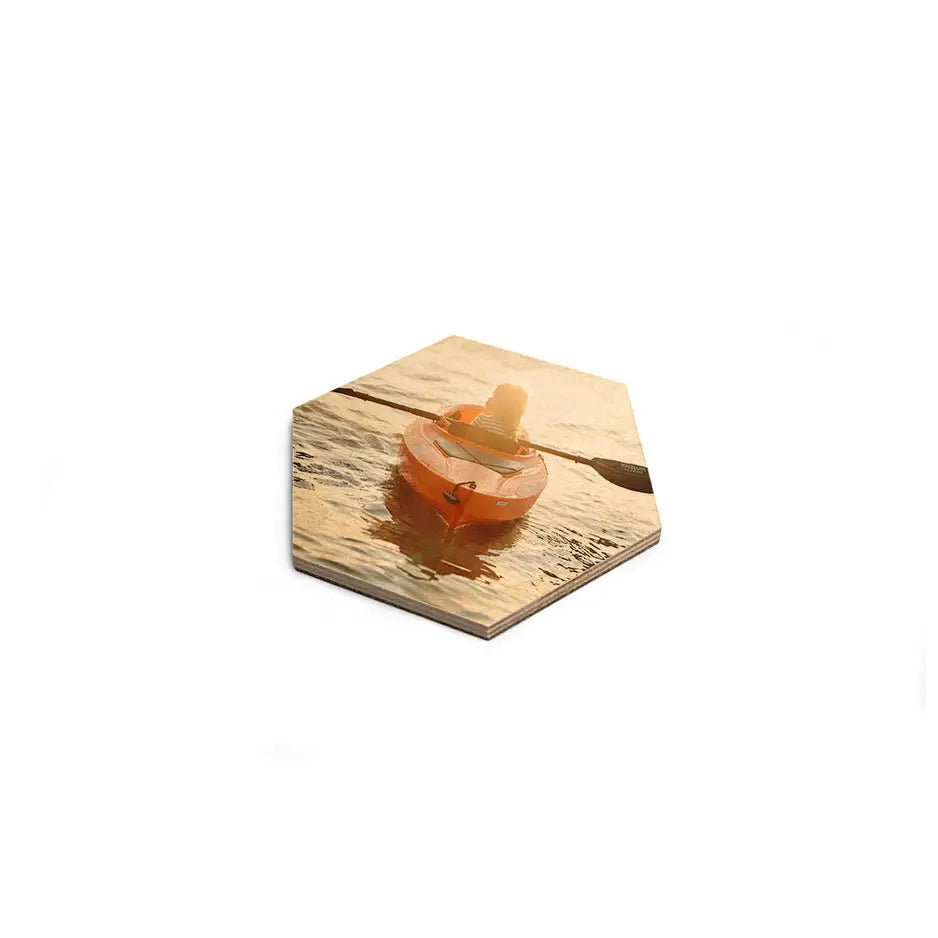 Small wooden box with orange flower beside Hexagon Coaster Set in wood print vintage