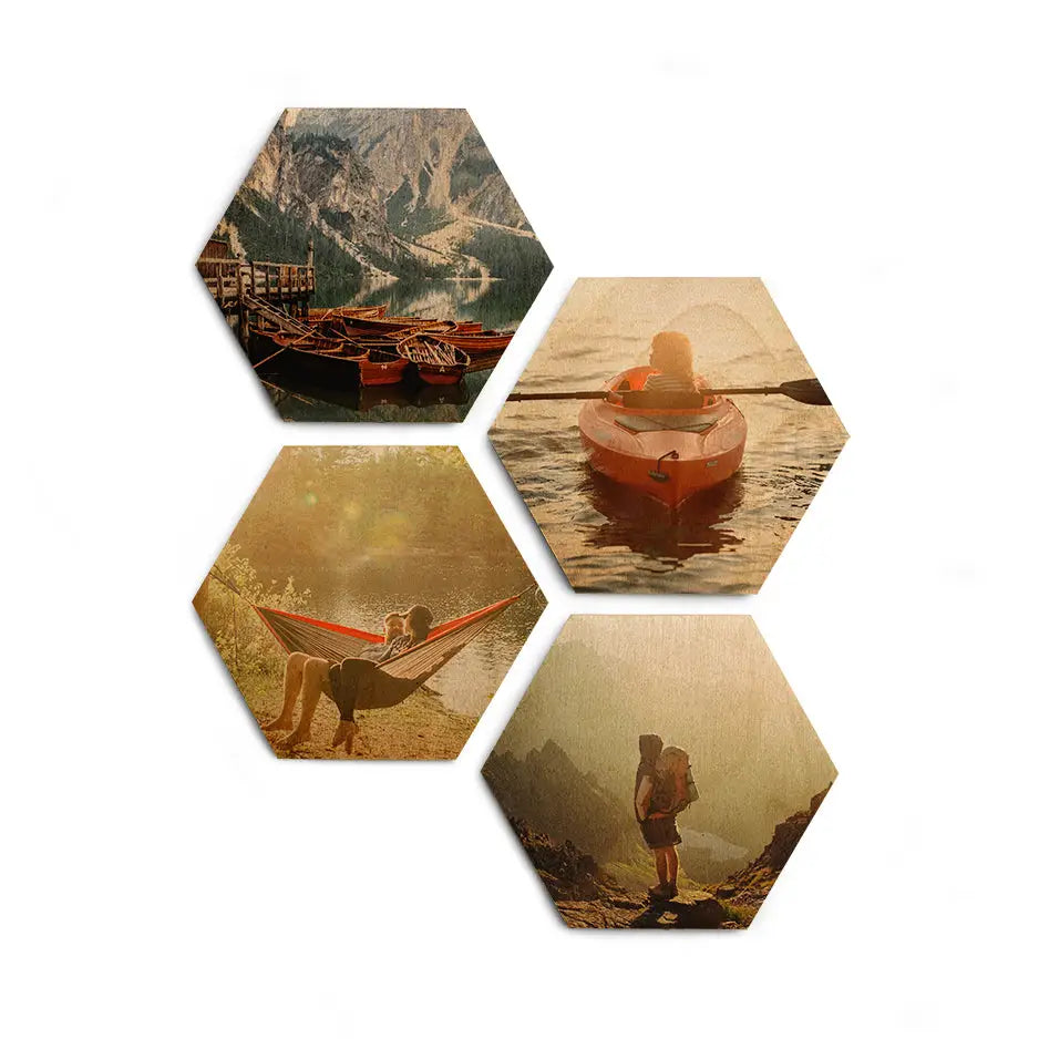 Three hexagons with a man in a boat in the Hexagon Coaster Set design