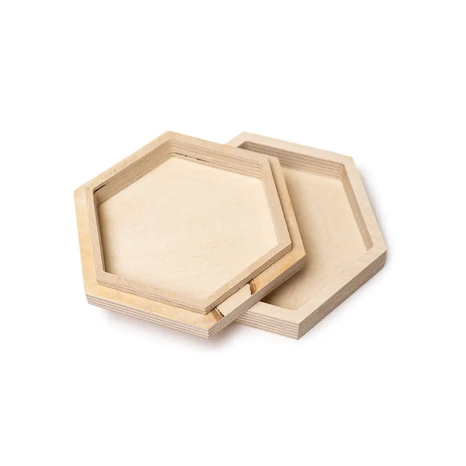 Hexagon Stash Box Print featuring three wooden coasters on a white background