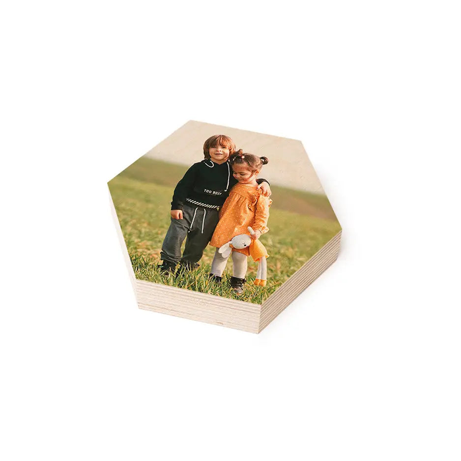 Wooden photo block with couple, featured in Hexagon Stash Box Print display