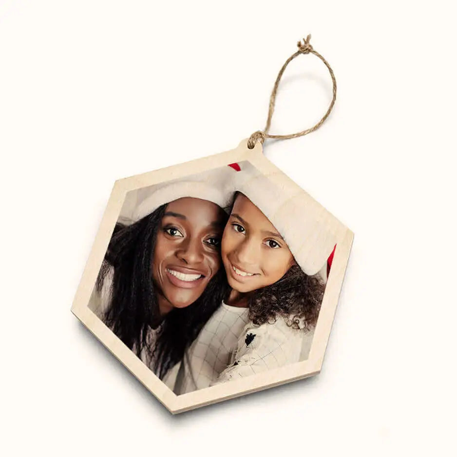 Hexagon Wood Ornament - No gift wrapped / Burlap Bag