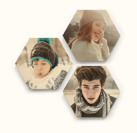 Hexagonal collage of winter portraits in cold weather clothing for perfect wood print.