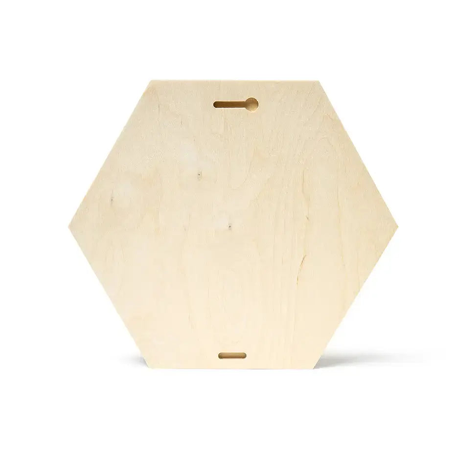 Hexagonal birch wood panel with slots, showcasing sustainable elegance and vintage matte design.