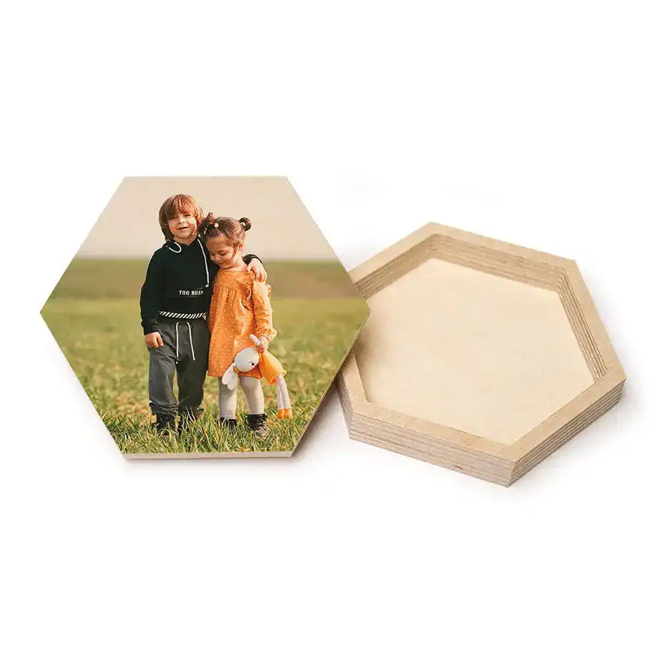 Wooden coaster featuring a couple’s photo in a Hexagon Stash Box Print design