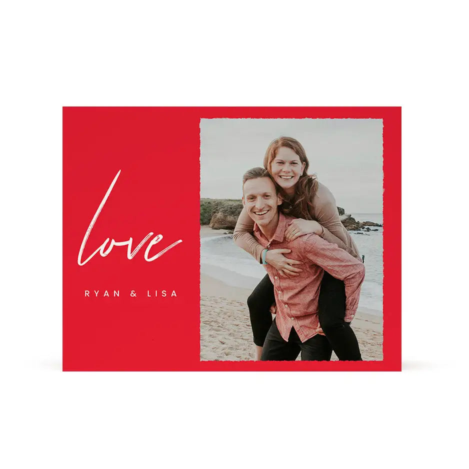 Red Love Script Print card featuring a photo of two women in a heartwarming design