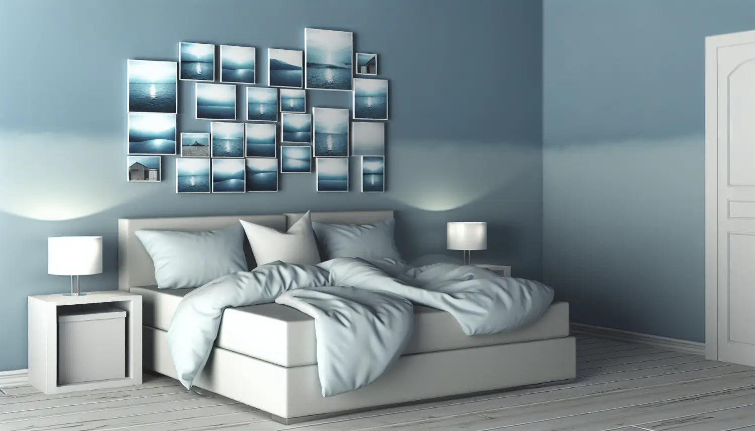Modern bedroom interior with stylish decor and harmonious photo tile pairing ideas.