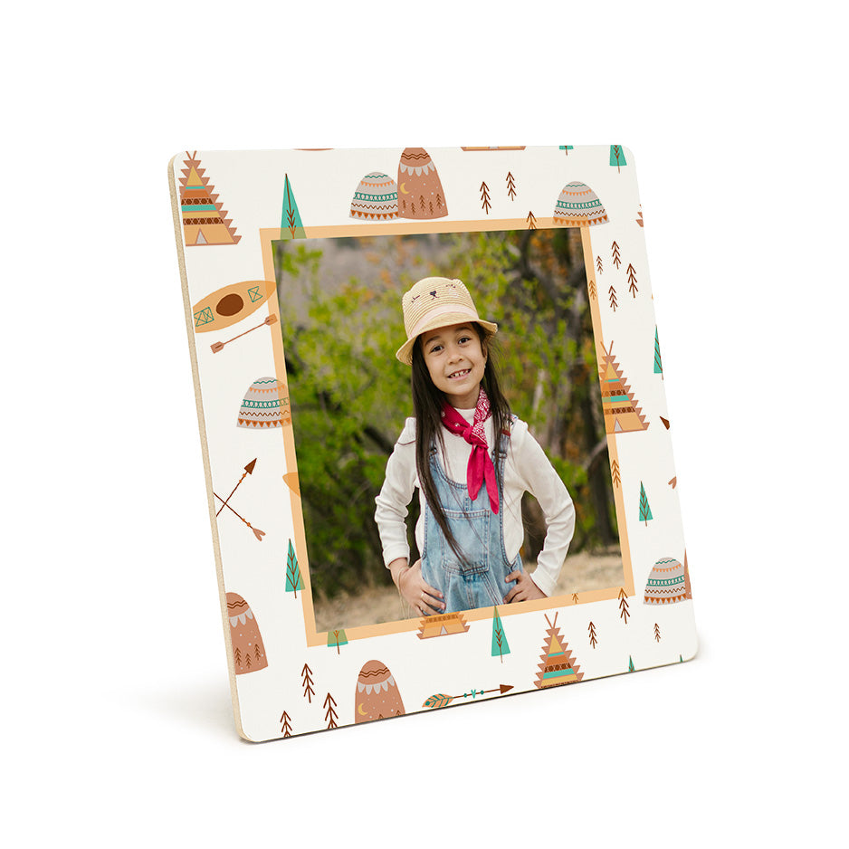 Square native pattern photo tile with camping-themed design for home decor