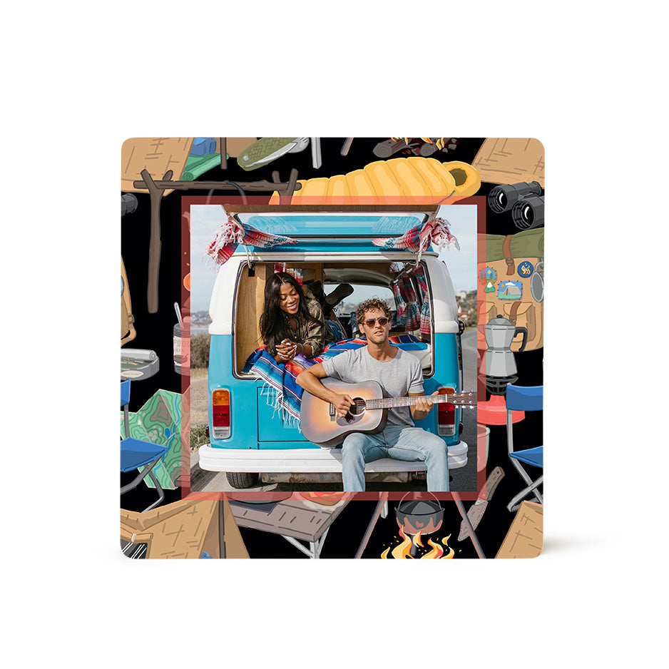 Camping-themed square coaster featuring Night Camp Pattern Photo Tile with camp pattern design