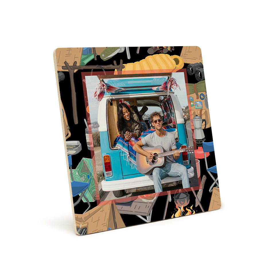 Square Night Camp Pattern Photo Tile Print showcasing camping-themed decor