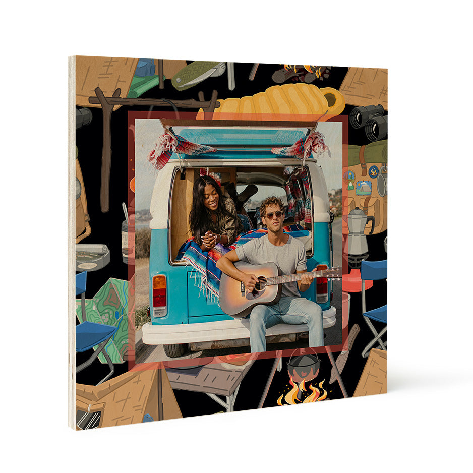 Night Camp pattern wood print featuring camping-themed decor on a rustic wood canvas