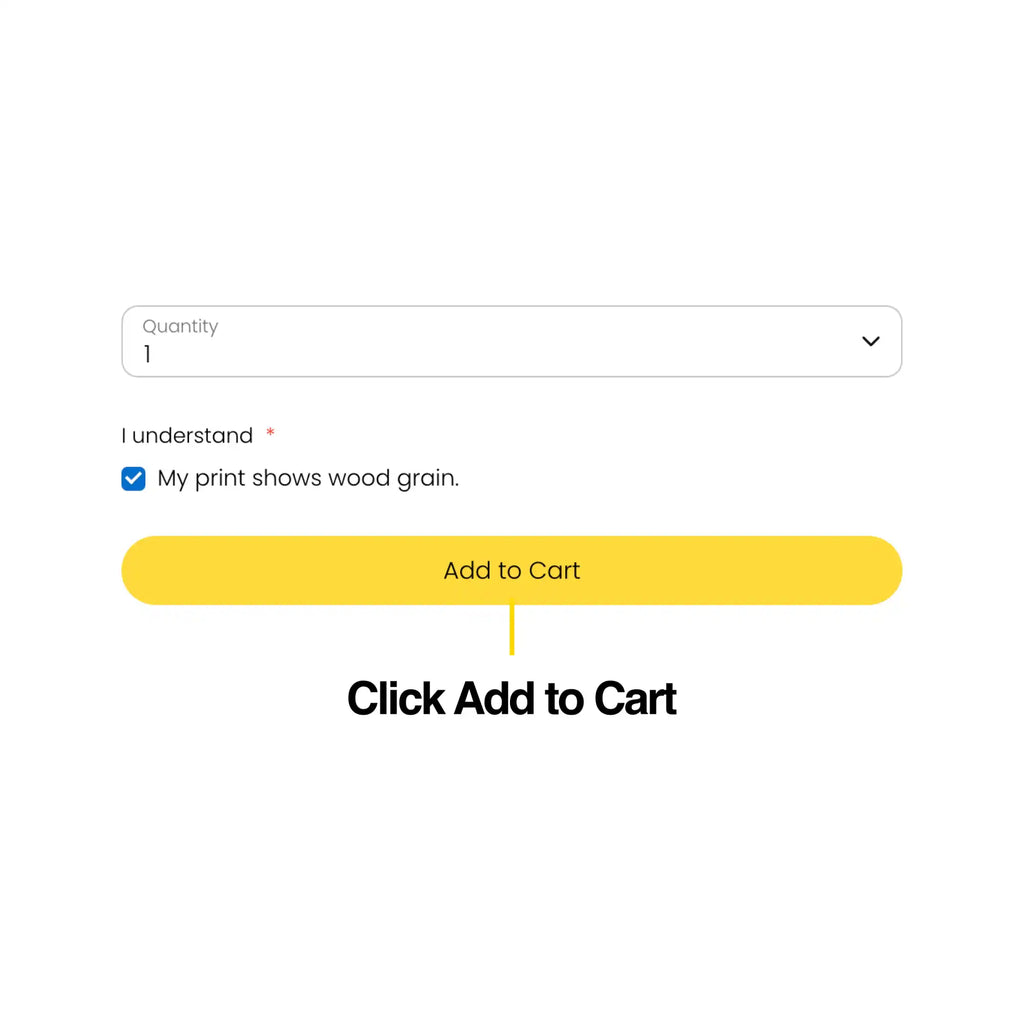 An online order form with a quantity selector, a checkbox for wood grain acknowledgement, and an ’Add to Cart’ button.