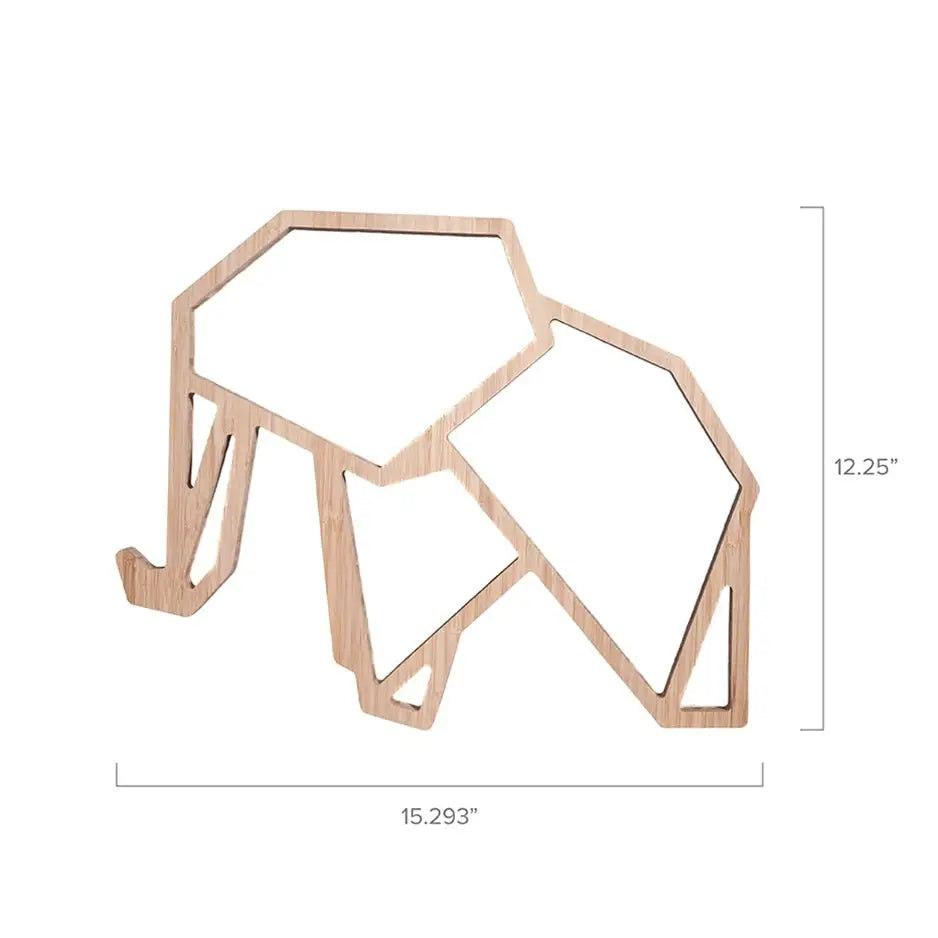 Wooden elephant-shaped table against a white background for Origami Elephant Bamboo Wall Art