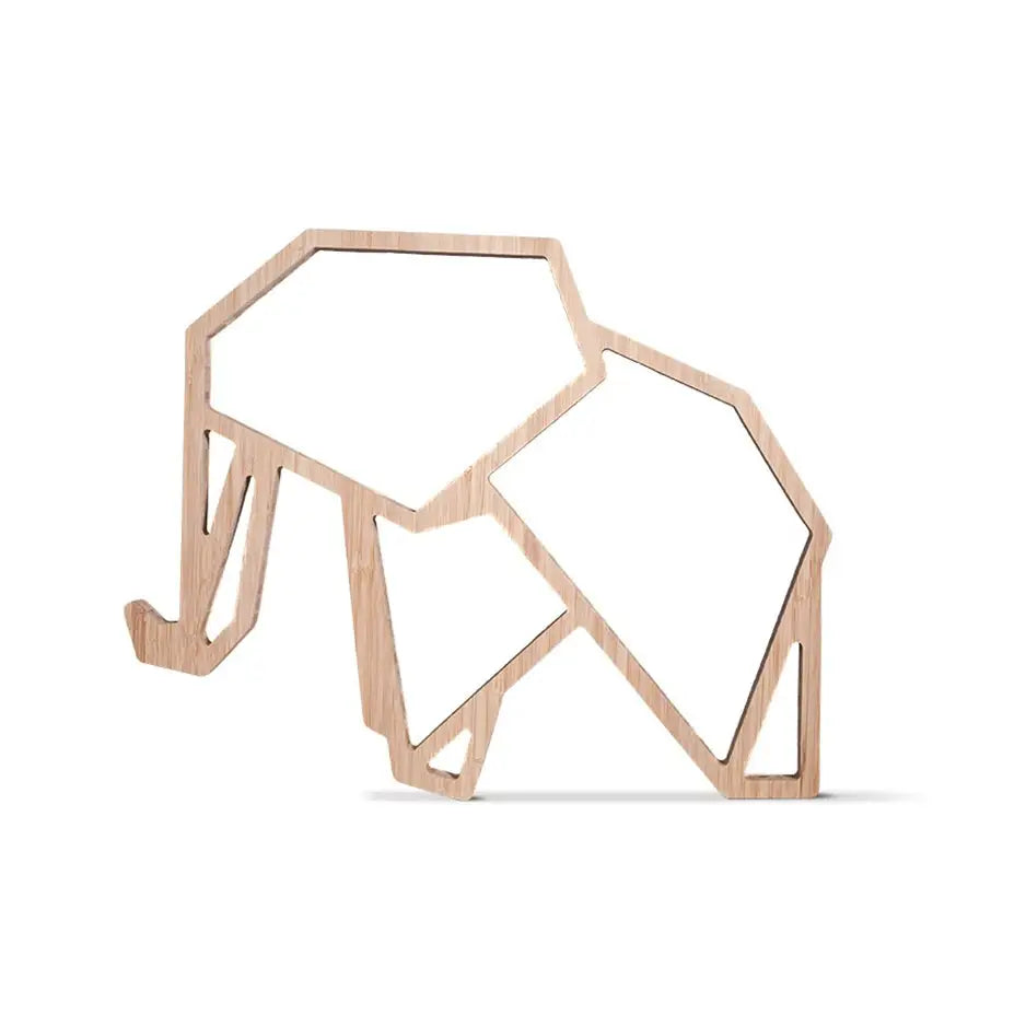 Wooden elephant sculpture on white background for Origami Elephant Bamboo Wall Art