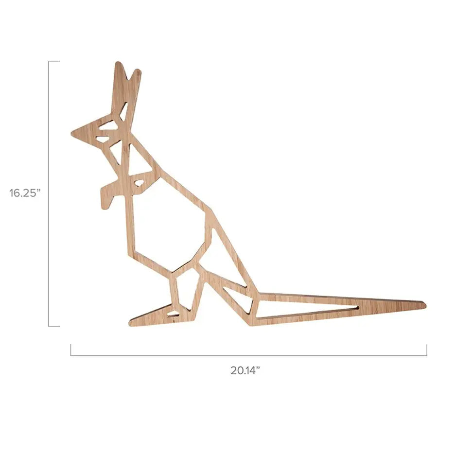 Wooden kangaroo-shaped animal with a long tail in Origami Kangaroo Bamboo Wall Art