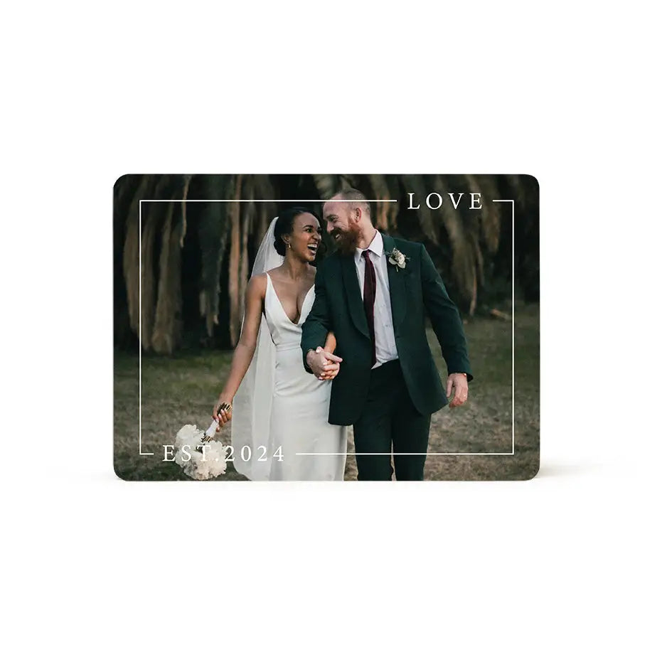 Wedding photo depicting love with couple holding hands on Love Est. Wood Plaque