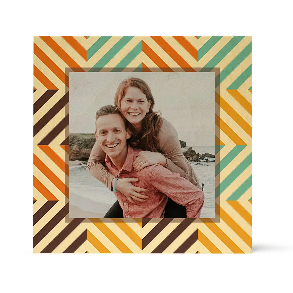 Smiling couple embracing outdoors in a Pattern Wood Print - Color Rhombus design