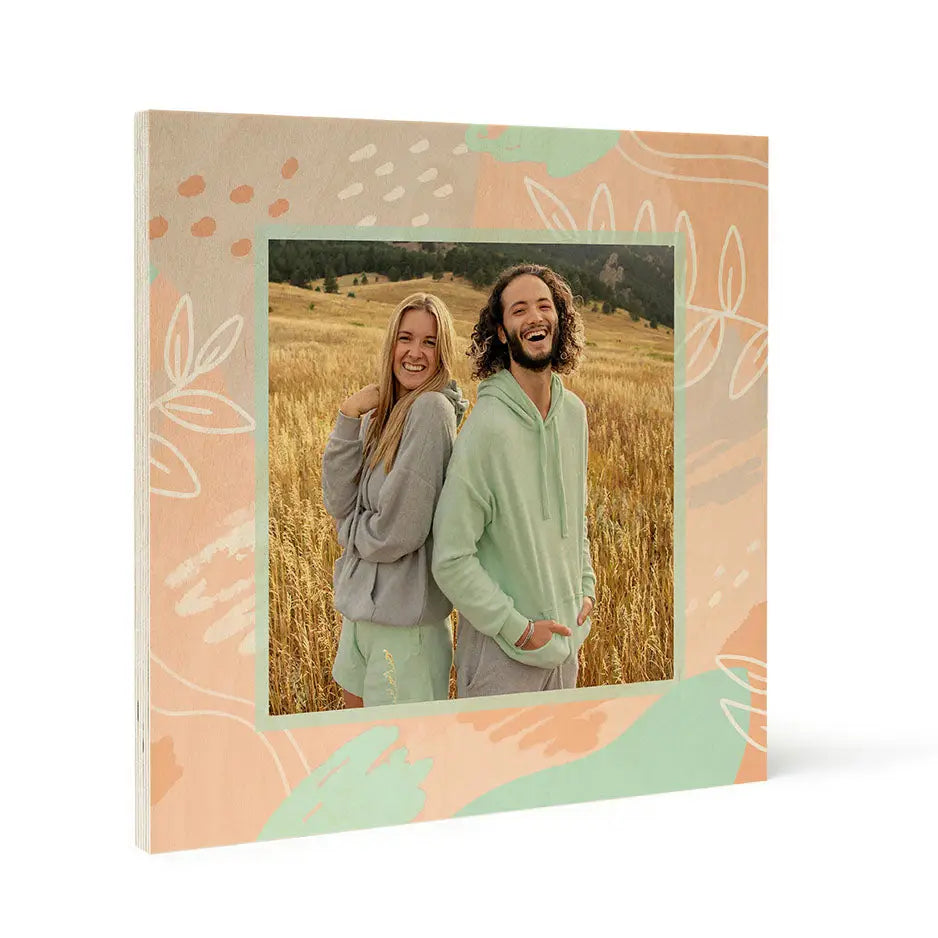 Framed photograph of a couple in a wheat field on a Pattern Wood Print - Fern Sketch