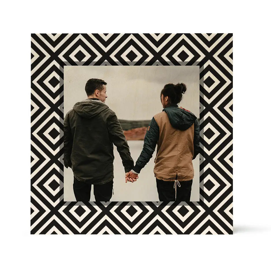 Couple holding hands in scenic view, showcased in Pattern Wood Print - Seamless Geometric