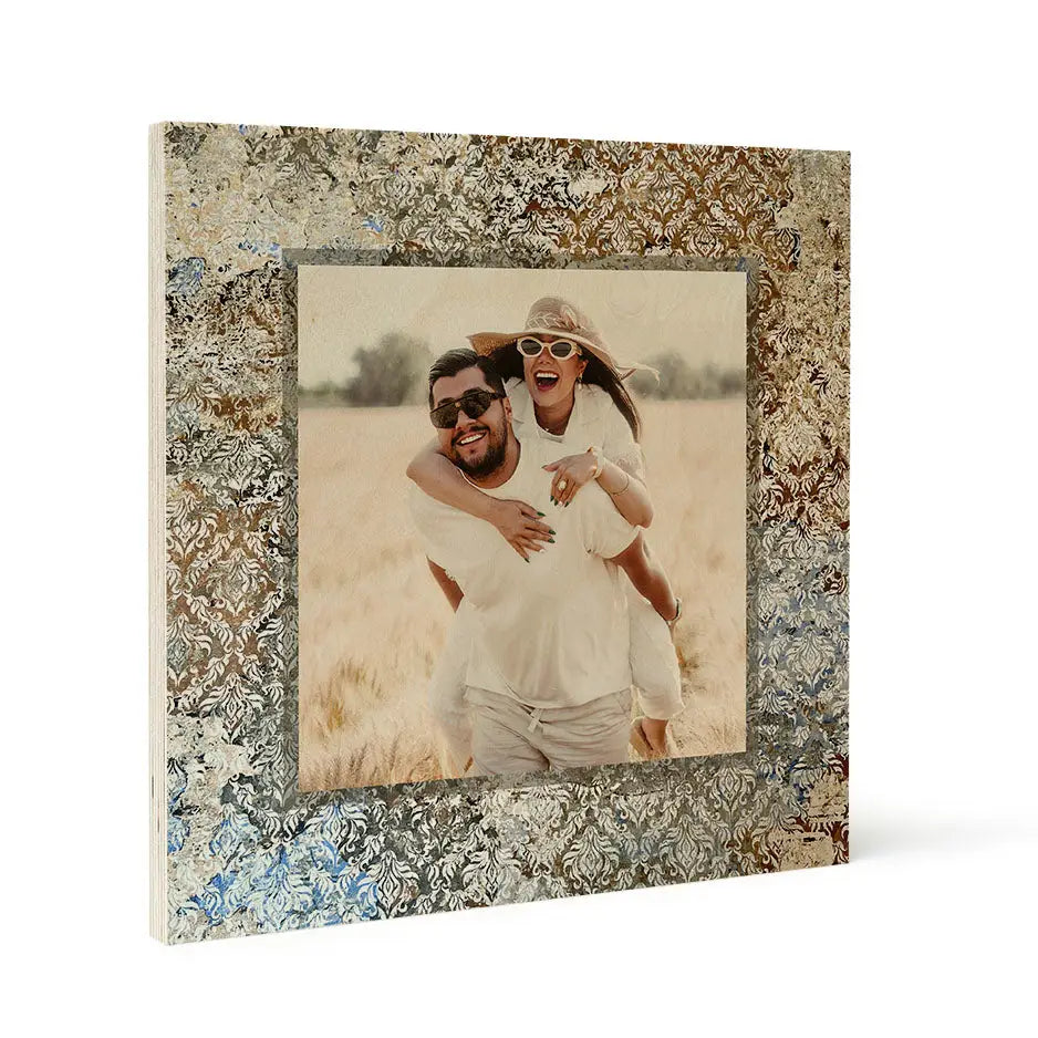 Couple embracing outdoors in sunny field on Pattern Wood Print photo locket wood