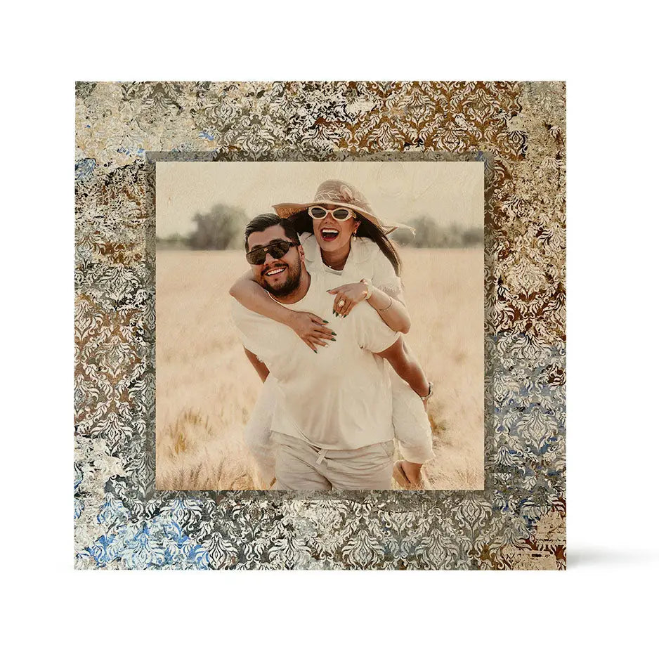 Framed photo locket wood print of couple outdoors, embracing on piggyback ride