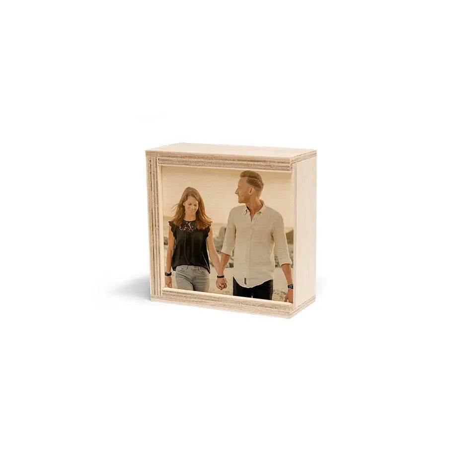 Personalized Mini Keepsake Wood Box featuring a photo of a man and woman inside