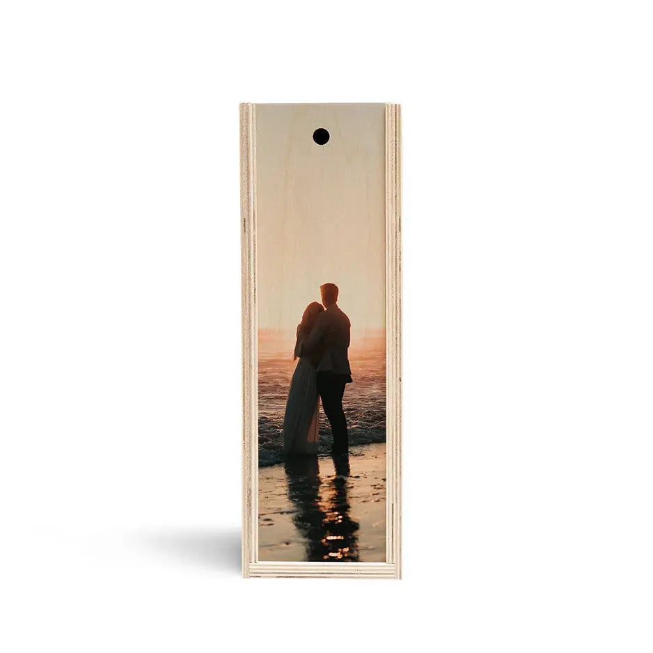 Personalized Single Bottle Wood Box featuring a bookmark with a man’s photo in water