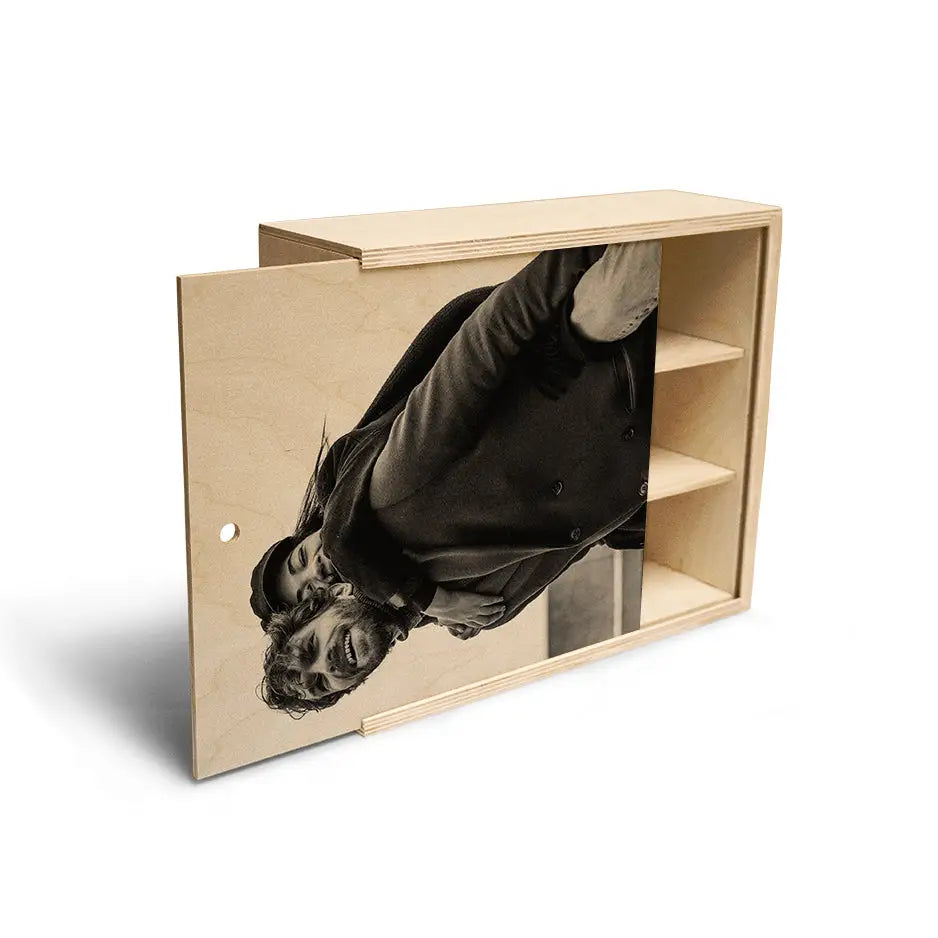 Personalized Triple Bottle Wood Box featuring a wooden box with a black and white photo