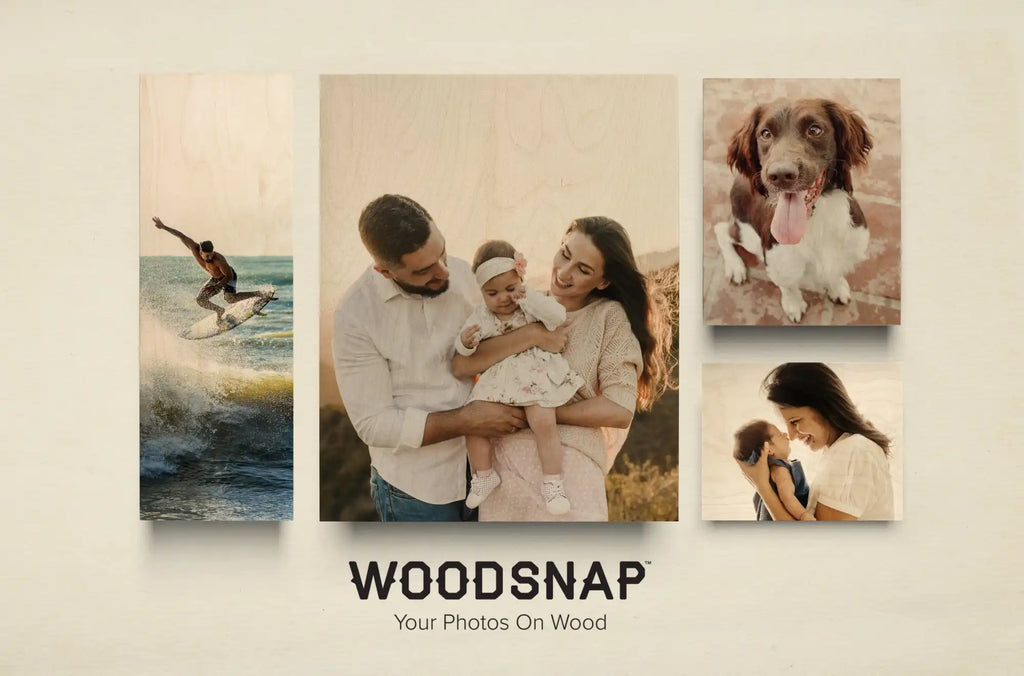 Photo collage printed on wood with ’WOODSNAP’ branding showing surfing and family moments.