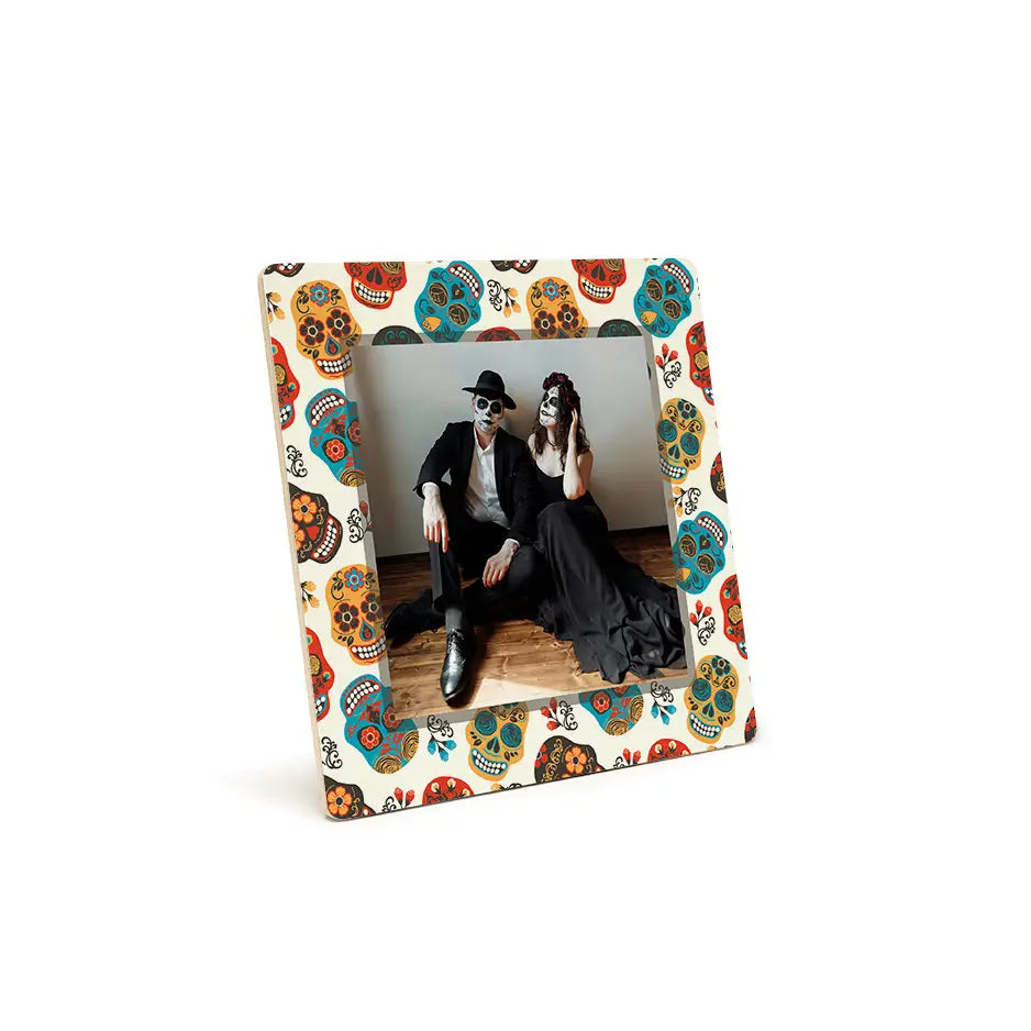 Colorful sugar skulls adorn a photo tile pattern frame, perfect for unique decor