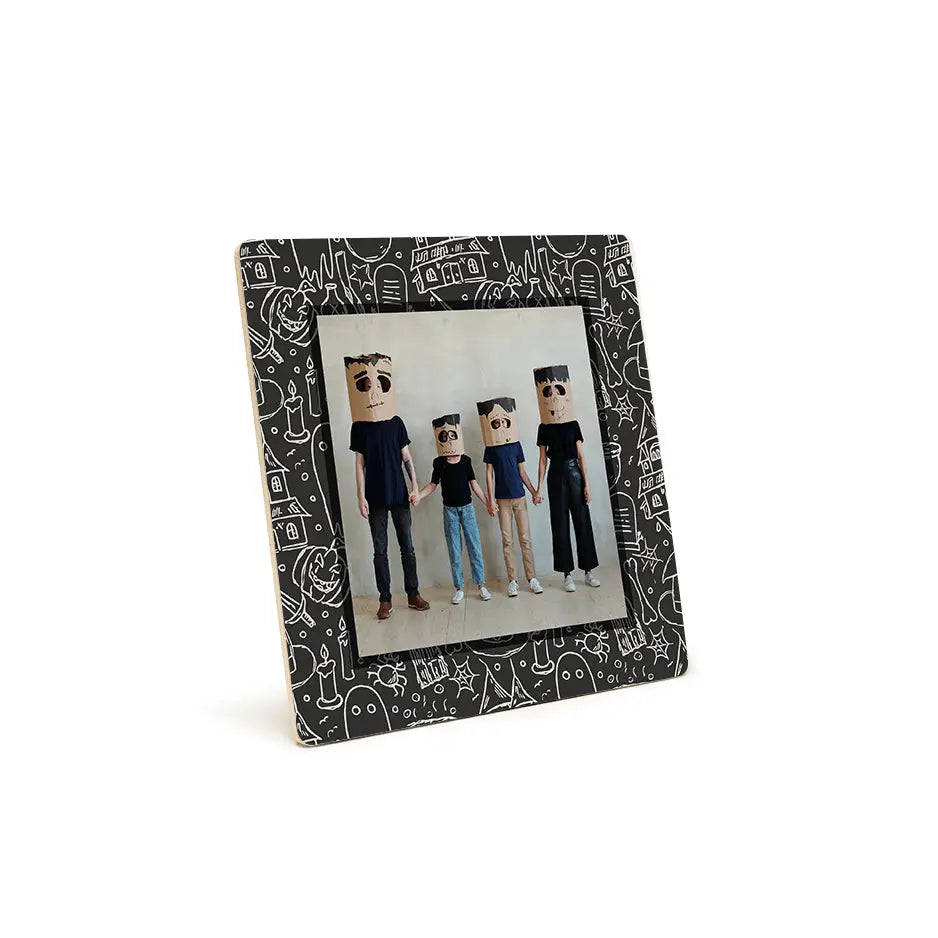 Chalk Ghost Photo Tile with Black and White Doodle Border around Family Photo