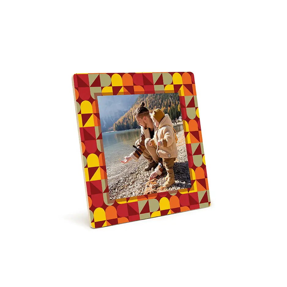 Colorful mosaic photo tile frame featuring a beach scene in Fall Geometrics design