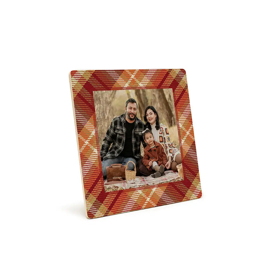 Plaid-patterned photo tile pattern frame showcasing a cherished family photograph