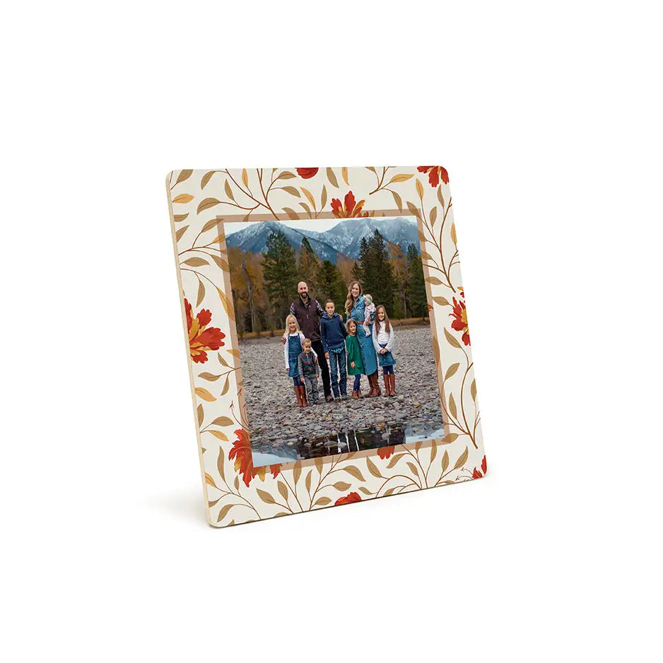 Decorative photo tile pattern in fall tan floral featuring a family photo in a wood print