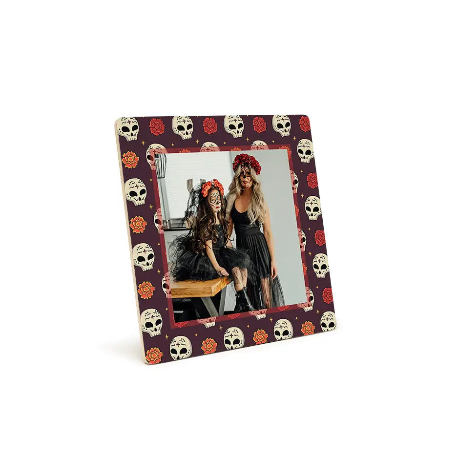 Halloween-themed Photo Tile Pattern Print featuring Tagetes & Skulls with pumpkins