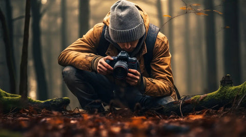 Photographer crouching on forest floor capturing images for wooden prints design.