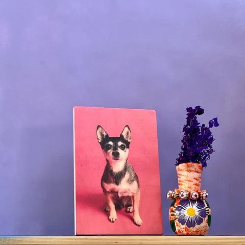 Small black and tan dog on pink background for 8x12 wood print of beloved pets.