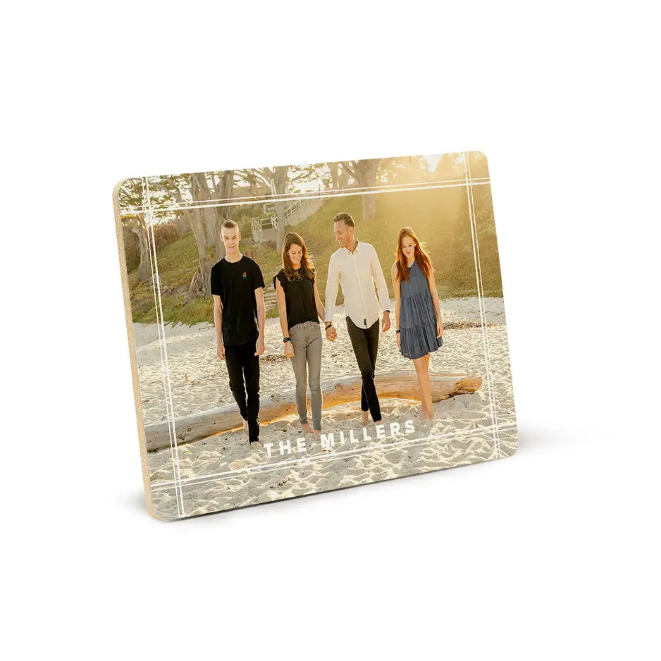 Plaid Matte Family Wood Plaque displaying a cherished family picture in a stylish frame