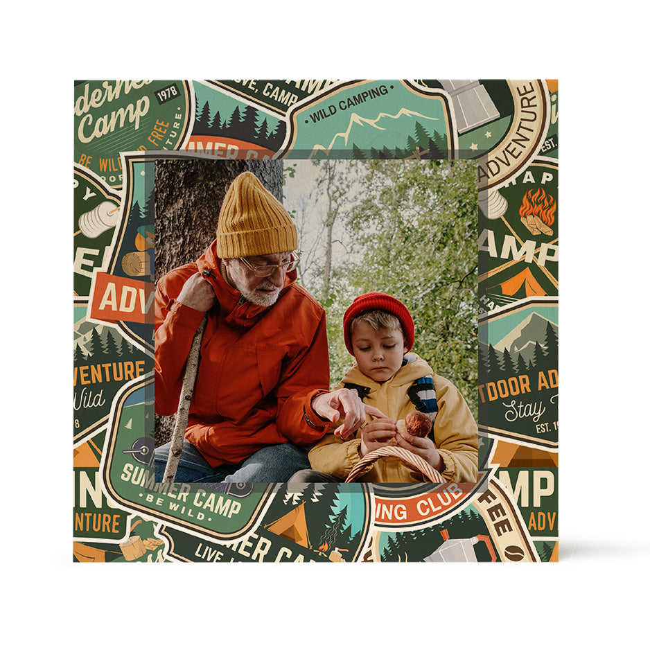 Square camping-themed wood print with badges pattern and camping badges design