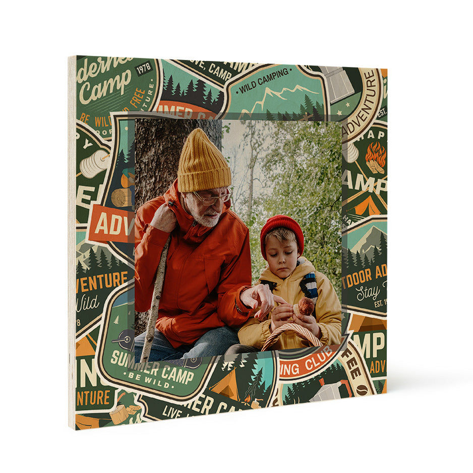 Square wood print featuring Rustic Camping Badges Pattern with camping badges pattern design