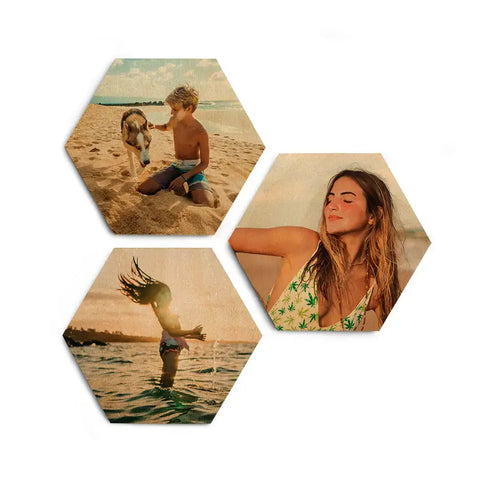 Set of three hexagonal photographs depicting cherished memories of beach and summer scenes.