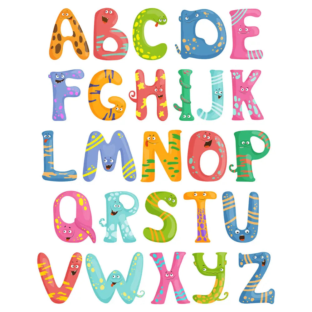 Colorful cartoon alphabet letters with cute faces and decorative patterns.