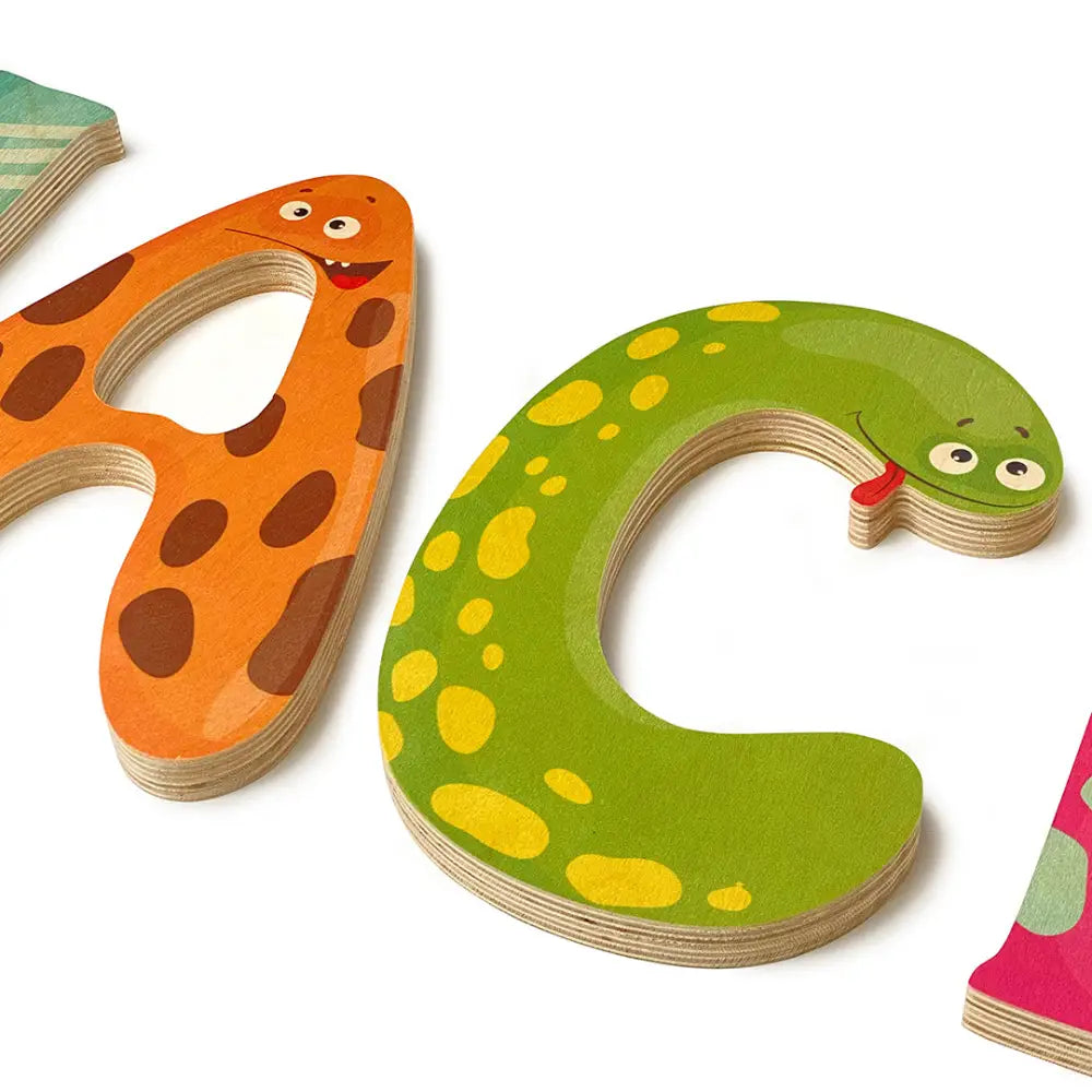 Colorful wooden alphabet letters shaped like animals.