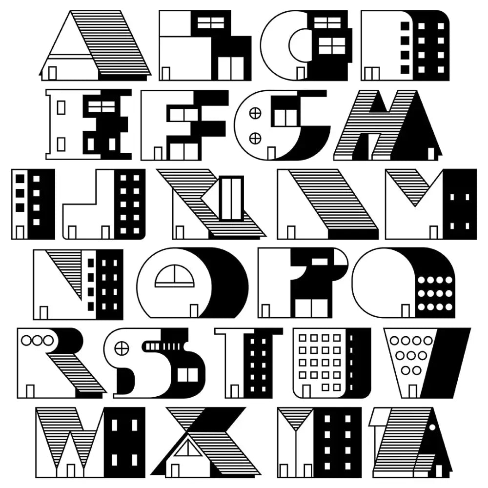 Alphabet composed of stylized architectural elements and building shapes.