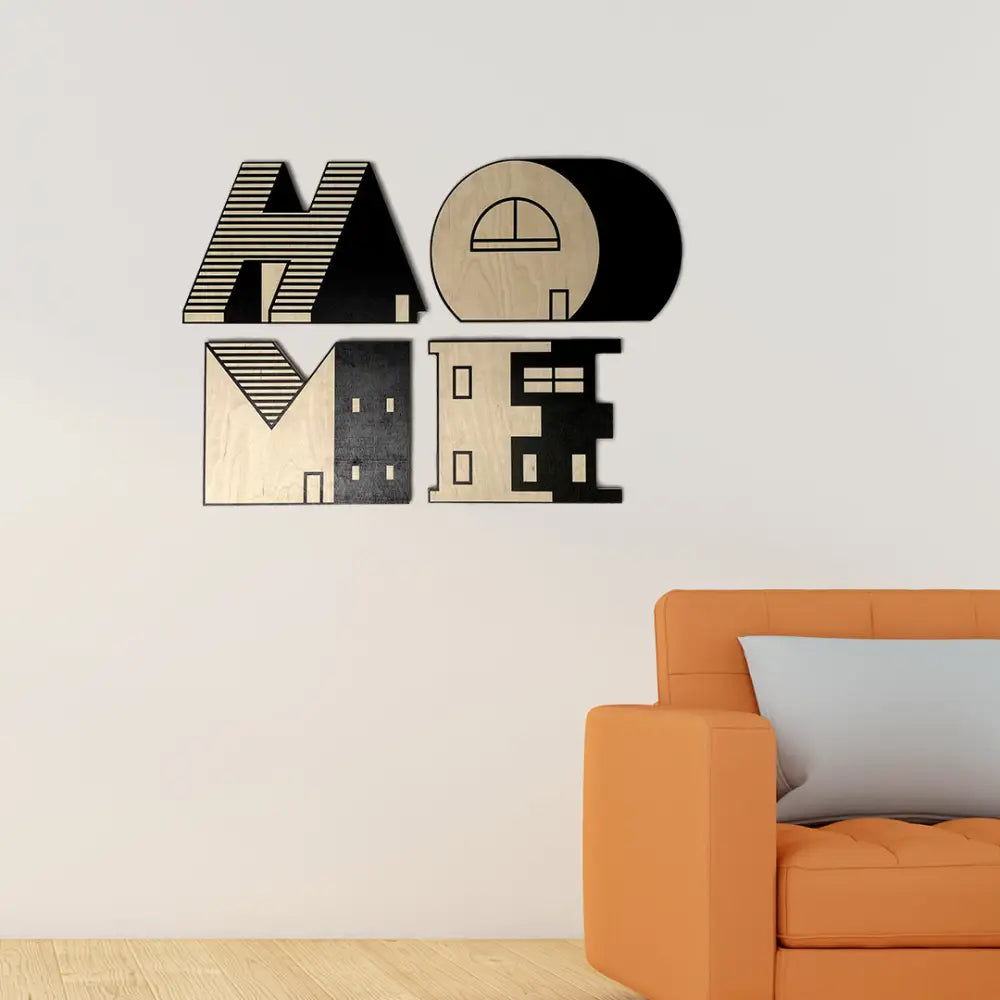 Decorative wall art spelling out ’HOME’ using abstract architectural shapes and elements.