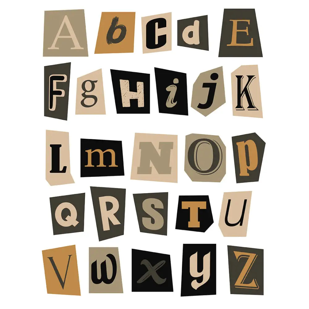 Alphabet letters in various fonts arranged in a grid for wooden sign letters