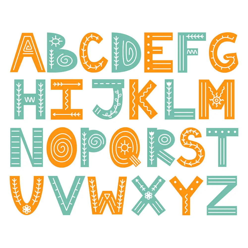 Decorative alphabet set with whimsical patterns in orange and teal colors.