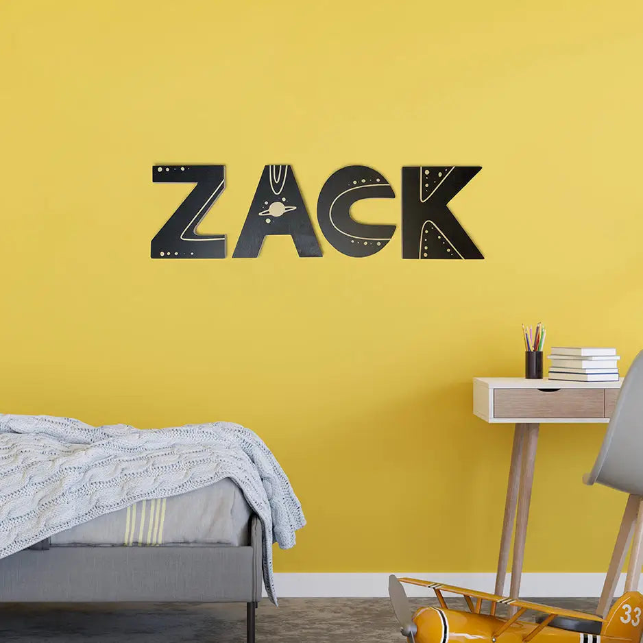 Decorative wall letters spelling Zack in unique designs from Sign Letters - Space